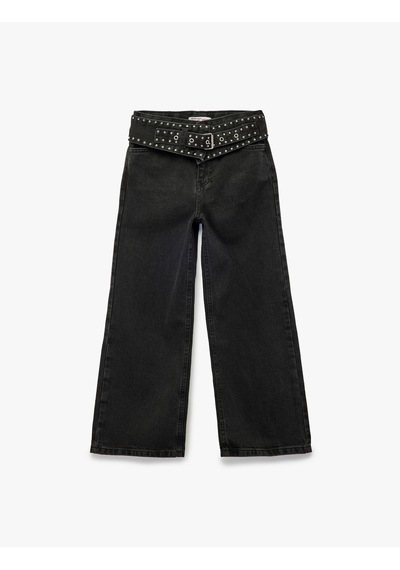 Koton Kemerli Zımba Detaylı Pamuklu Geniş Paça Denim Pantolon Siyah 7wkg40004ad