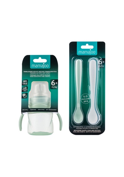 Mamajoo Antikolik Akıtmaz Alıştırma Bardağı 160 ML & İkili Ergonmik Beslenme Kaşığı - Powder Green