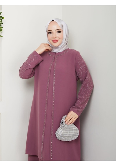 Eslemnur Kolları Taşlı Büyük Beden Anne Elbisesi Pembe