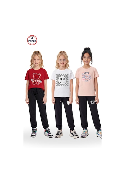 Panios Kids 3 Lü Yuvarlak Yaka Tişörtlü Baskı Detaylı Kız Çocuk 6 Parça Alt Üst Takım Kırmızı - Beyaz - Somon
