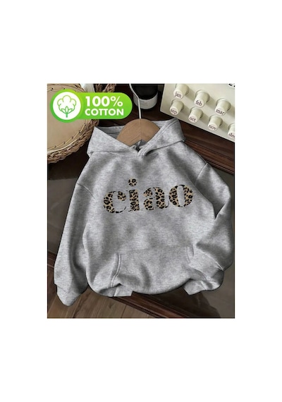 Herkesemoda Ciao Yazı Detay Baskılı İçi Polarlı Kapüşonlu Sweatshirt Gri