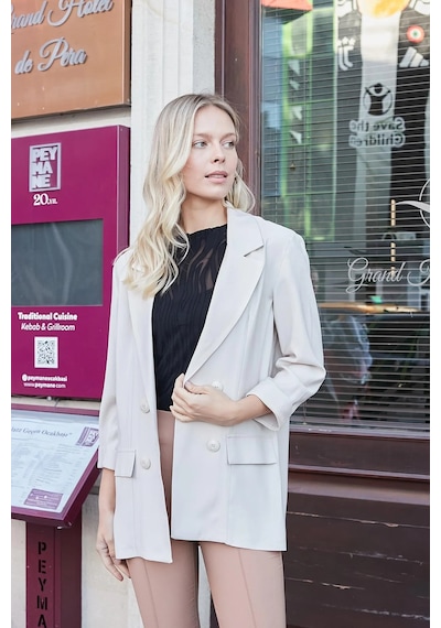 Kadın İpeksi Dokulu Modal Kumaş Yakalı Cep Kapaklı Oversize Salaş Blazer Ceket-taş Taş