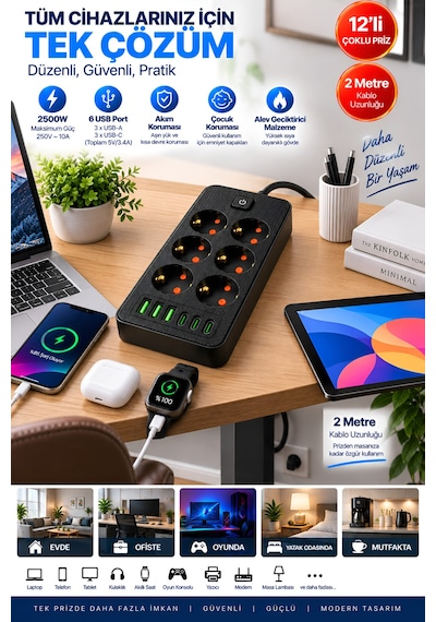 Castu Ls J06 12'si 1 Arada Akım Korumalı Priz 6 Çoklu Soket 3 Usb 3 Type-c 2500w Çocuk Korumalı Kapaklı Uzatma Kablolu Grup Priz 2M