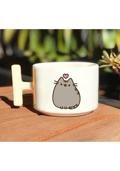 Kedi Pusheen Baskılı Beyaz El Yapımı T Kulp Kupa Bardak