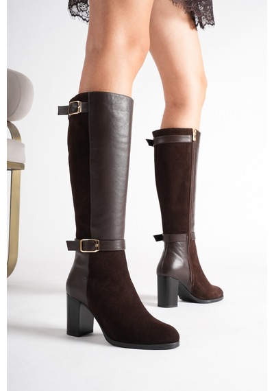 Analin Shoes Kadın Hakiki Deri Ve Süet Detaylı Çift Kemer Tokalı Topuklu Çizme Kahve