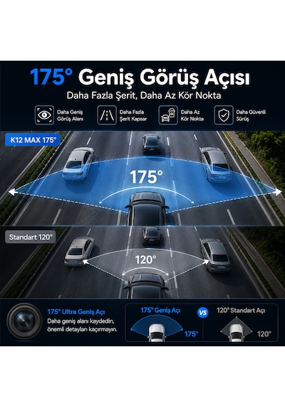 K12 Max 4k Araç Içi Kamera Ön 4k + Arka Hd Kayıt, Wifi Destekli, Gece Görüşlü, 24 Saat Park Modlu Gizli Araç Kamerası