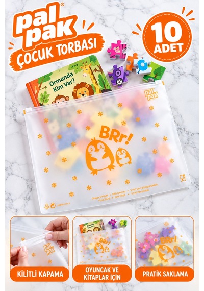 Bebek Ve Çocuk Ürünleri İçin Penguen Desenli Fermuarlı Saklama Torbası 26x33 Cm 10 Adet Şeffaf