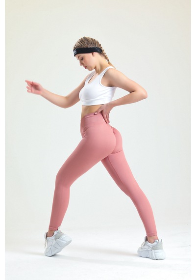 Gymhams Pudra Kalçası Büzgülü Premium Fitilli Ekstra Push Up Yüksek Bel Spor Tayt Pembe