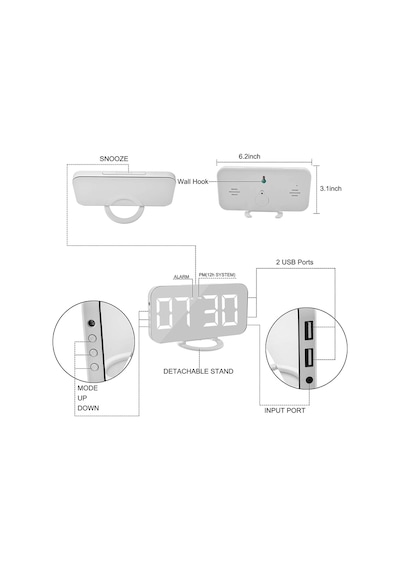 Aynalı Led Dijital Saat 2 Usb Hızlı Şarj Alarmlı Masa Saati