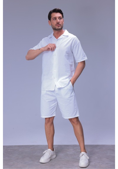 Erkek Rahat Kalıp Cepli Keten Gömlek Ve Beli Lastikli Şort Yazlık Oversize Takım Beyaz