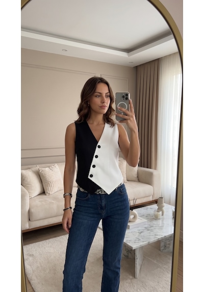 Butik İstanbul Kadın Sıfır Kol V Yakalı Düğmeli Blok Renkli Atlas Yelek Siyah