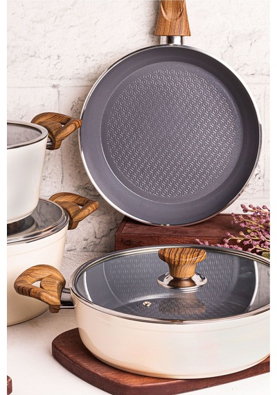 Mango Kitchen Aqua Crystal - 7 Parça Granit Tencere Seti Krem Mastercook Yapışmaz Tencere Tava Seti Inox