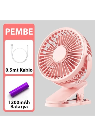 3 Kademe Şarjlı Mandallı 360 Taşınabilir Fan Vantilatör Jh-006 Pembe