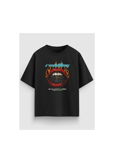 Yolo Street Red Flag Ağız Baskılı Oversize Siyah Tişört %100 Pamuk Streetwear Unisex Siyah