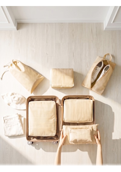 Ocean Home Textile 7'li Bej Balıksırtı Bavul İçi Düzenleyici Set