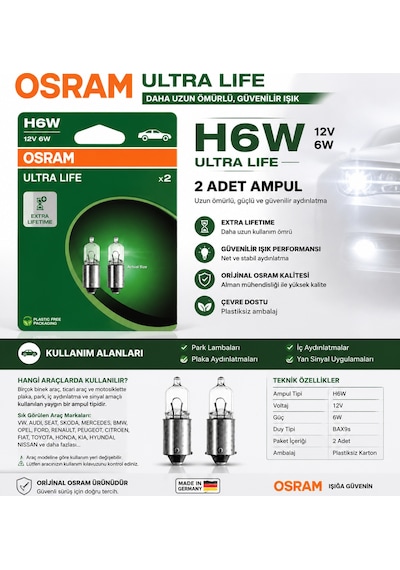 Osram H6w Ultra Life 12v 6w Bax9s Ampul 2 Adet Uzun Ömürlü Park Plaka İç Aydınlatma