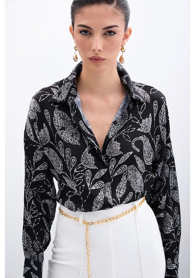 Sateen Desenli Saten Gömlek - Siyah-135960 Siyah