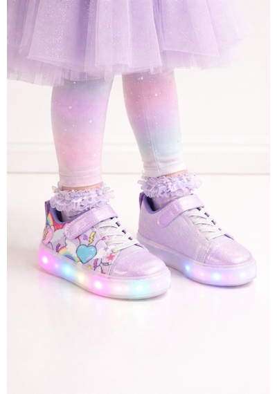Mini Bonito Kız Çocuk Desenli Işıklı Led Tabanlı Simli Cırt Cırtlı Sneaker Lila