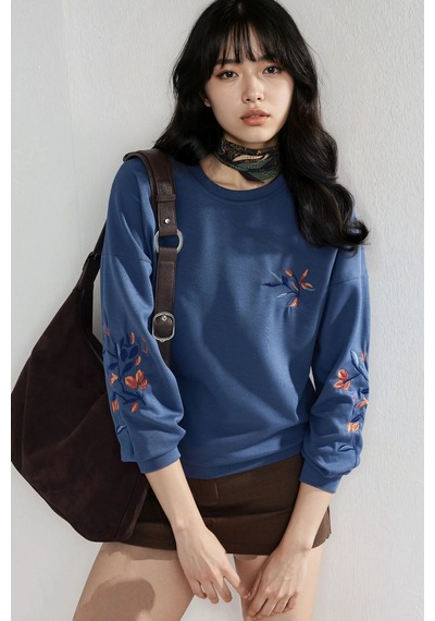 Hiccup Modal Dokulu İşlemeli Bisiklet Yaka Sweatshirt Berşan Collection Peygamber Çiçeği Mavisi