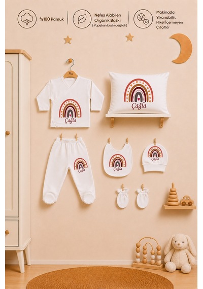 Pia Baby İsme Özel Kız Bebek %100 Pamuk Zıbın Şapka Önlük Eldiven Ve Yastık Kılıfı Hediyelik Set 1002yz0x Ekru