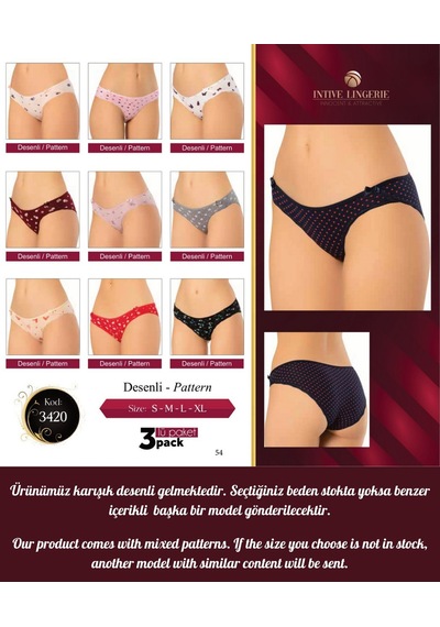 Intive Çiçek Ve Kalp Desenli Yanları Kurdele Detaylı Pamuklu 3'lü Çok Renkli