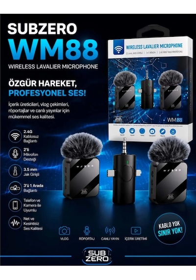 Subzero Wm88 Kablosuz Yaka Mini Mic Tak Ve Çalıştır Canlı Yayın Vlog Kablosuz Yaka Çift Verici Mikrofon