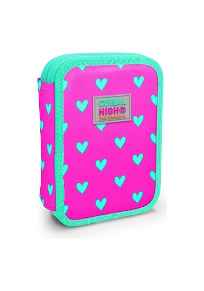 Coral High Kids Neon Pembe Su Yeşili Kalp Desenli Çift Katlı Kalem Çanta 11133 Pembe