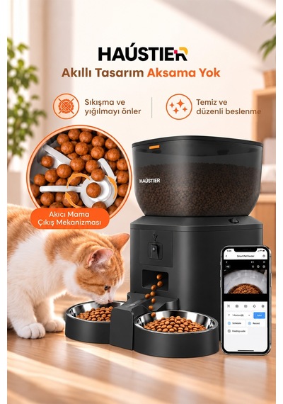 Qq025-dual Kameralı Akıllı Otomatik Kedi Mama Kabı, 480p Gece Görüşlü 2.4ghz, 4lt, Çift Metal Kase