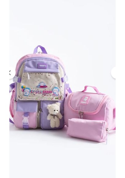 Trg Lila Rooxy Renkli Kore Kawaii Ayıcıklı Okul Çantası Seti Sırt Çantası+beslenme Çantası+kalemlik