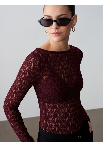 Dilvin 32763 Kayık Yaka Dantel Top-bordo