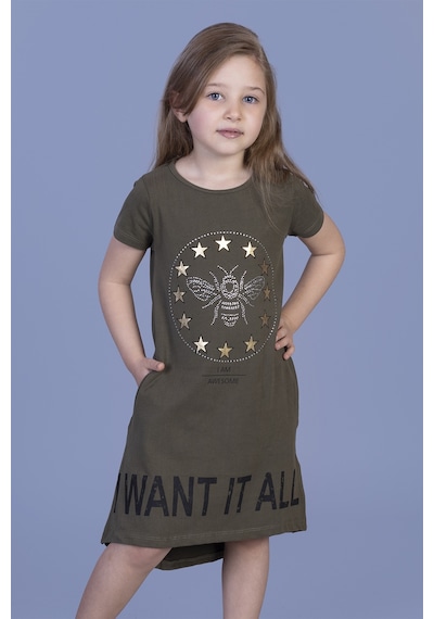 Toontoy Kız Çocuk I Want It All Baskılı Elbise Haki