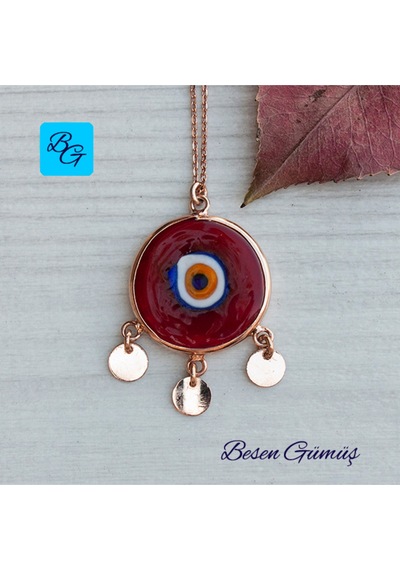 Üç Pullu Rose Yuvarlak Kırmızı Göz Kolye Rose - Gold -  Gümüş