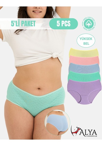Alya Underwear %100 Pamuk Kumaşlı, Büyük Beden Yüksek Bel Kalp Desenli Ribana Jakar Kadın Külot Çok Renkli P15