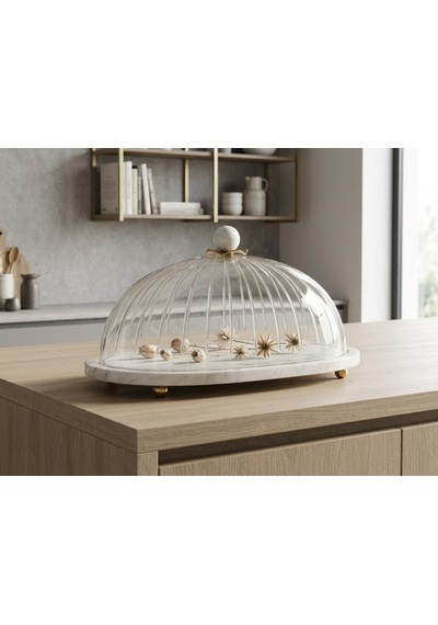 Oval 35cm Cam Kapaklı Mermer Beyaz