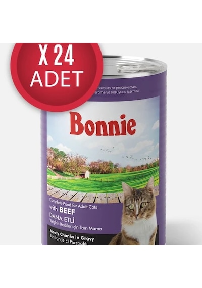 Bonnie Biftekli Sos İçinde Et Parçacıklı Yetişkin Kedi Konserve Yaş Mama 400 Gr X 24 Adet