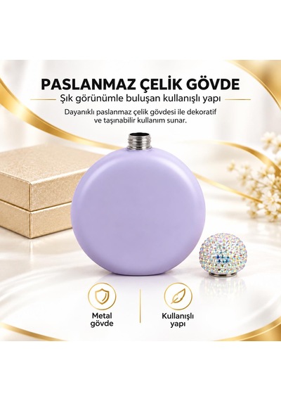 Lüks Taş İşlemeli Renkli Paslanmaz Çelik İçki Matarası 5 Oz 150 Ml. Cep Çanta Kamp Outdoor Hediyelik Lila