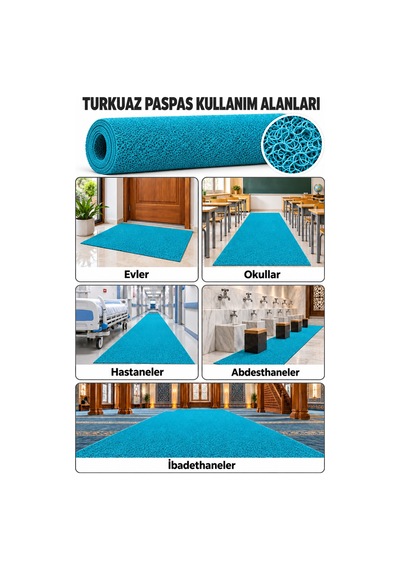 Hortumtech Kıvırcık Paspas Kir Tutucu Pvc Kapı Önü İç Dış Mekan Eko 12 Mm - Turkuaz 100 X 550 Cm