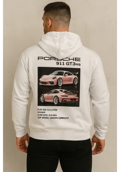 Hmo Store Unisex 911 Gt3 Rs Kapüşonlu Hoodie Beyaz Spor Tarz Beyaz
