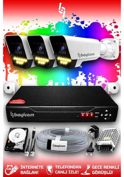 Bayicam 3 Kameralı Süper 3 Dış Kamera Set 100 GB 5 MP 2K Renkli Gece Görüşlü Güvenlik Kamerası Sistemi