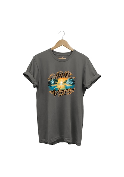 Summer Vibes Baskılı Yazlık Tatil Deniz %100 Pamuk Regular Fit Bisiklet Yaka Gri T-shirt Gri