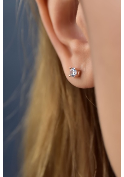 Papatya Silver 925 Ayar Gümüş Rose Kaplama Zirkon Taşlı Tektaş Küpe 4,0mm.