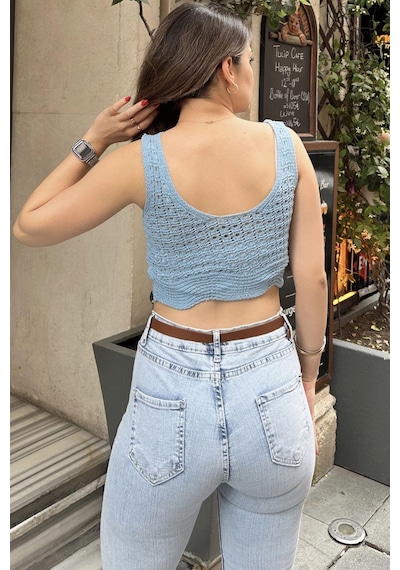 WeShaya Kadın Mavi Ajurlu Merserize Triko Örme, Terletmez, Askılı Crop Bluz Mavi