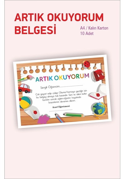 Artık Okuyorum Belgesi 10 Adet Karton Okuma Belgesi