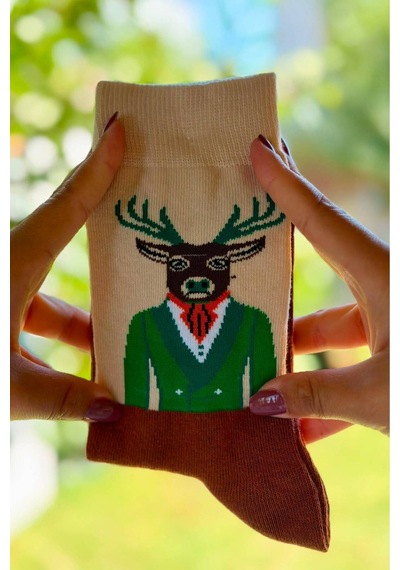 Lousocks Unisex Geyik Desenli Renkli Soket Çorap Bej