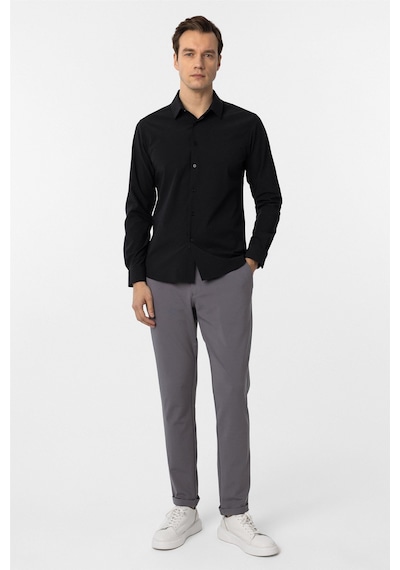 Süvari Siyah Slim Fit Düz Klasik Yaka Gömlek-34101 Siyah
