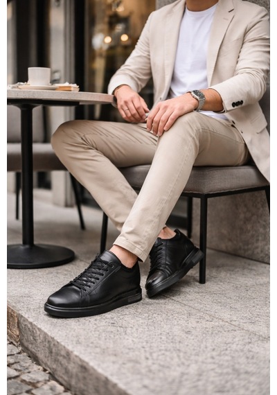 Muggo Hudson Hakiki Deri Erkek Kalın Taban Bağcıklı Günlük Casual Sneaker Siyah