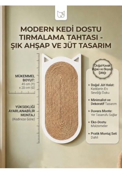 Dekoratif Ahşap Kedi Tırmalama Tahtası 20x45 Cm Jüt İp-doğal Kavak