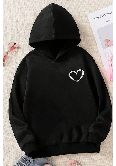 Uyguntarz Çocuk Kalp Baskılı Sweatshirt Siyah