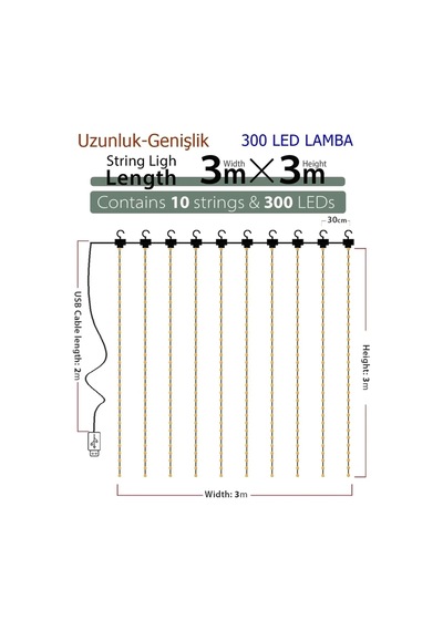Magicool 8 Fonksiyonlu Peri Perde Led Uzaktan Kumandalı Günışığı Perde Peri Led 3 Mt X 3 Mt Çok Renkli