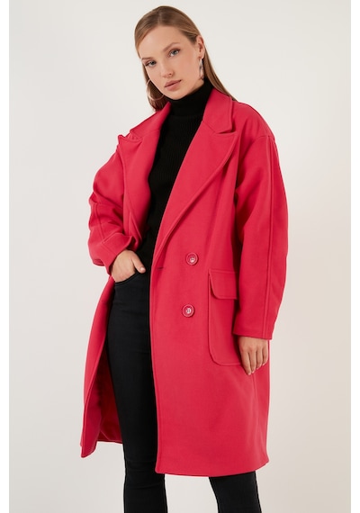Lela Oversize Çift Düğmeli Kruvaze Yaka Uzun Bayan Kaban 6230043 Fuşya